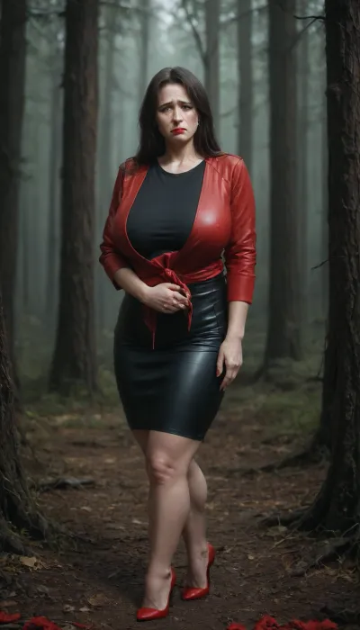1/2 body view, soviet mature one woman, ((completely clothing)), ((in black skirt, black t-shirt and red leather jacket)), ((dark black long haircut)), 40 years old, perfect face, ((sad:1.3)), ((milf:1.4)), blue eyes, makeup, red lipstick, high heels, standing in forest, flashed her panties, microskirt, extremely, short, skirt, <lora:MicroSkirt_XL:.5>, <lora:580159_training_data:.5>