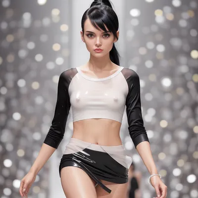 Vogue Runway, Minimalistic full-body shot of a young, pretty woman with black hair in a ponytail, wearing an long-sleeved, tight transparent sparkling white top and a short skirt decorated with silver pearls, (walking on the runway in the style of Vogue), see-through, t-shirt, covered_nipples, <lora:suke_Tshirt:.5>