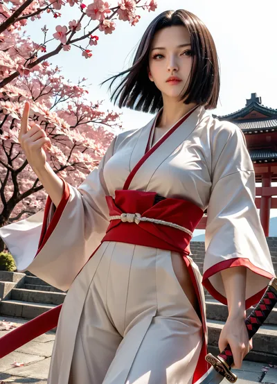 Japanese female warrior with perfect face and body, dark hair, in typical samurai uniform, outdoors, in a Japanese landscape near Mount Fuji during cherry blossom season, with drawn samurai sword in attack position, a samurai sword in her hands, perfect hands, perfect finger, (5 Finger)