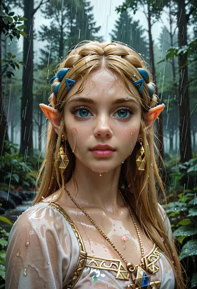 Princess Zelda, raining day, forest