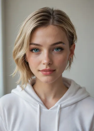 (masterpiece), ((best quality)), parted lips, light_smile, cinematic lighting, ultra-realistic, ((realistic)), (gwen_stacy), blonde_hair, short_hair, solo, sidecut, asymmetrical_hair, parted_lips, eyebrow_piercing, (detailed face), beautiful 1girl, 1girl, looking at viewer, (beautiful detailed eyes), bodysuit, spider-suit, white hoodie, hood_down, portrait, upper_body, (side of head shaved), (small breasts), <lora:gwen_stacy_v1.1:.5>