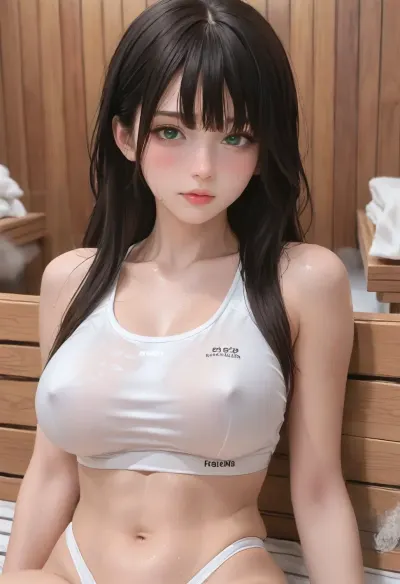 (1girl, black hair, green eyes, long hair, bangs), beautiful face, blush, freckles, hands resting on tits, big breasts, perfect body, erect nipples, (sports bra, white thong), seductive look, sweating, sauna, ratatatat74, <lora:cartoon_stickers_xl_v1:.6>, <lora:ratatatat74-000050:1>, <lora:gotou_hitori_xl:1.2>