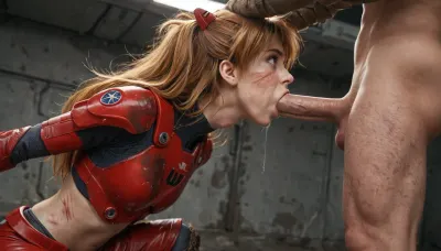 asuka, langley, long red flying hair, Star Trek uniform, futuristic armor plates, (breastplates:1.2), (sexy midriff:1.2), (heavy boots:1.3), dirty face, muddy face, muddy arms and legs, (scratches on face:1.2), surprised expression, highly detailed eyes, blowjob, (cumdrip:1.2), (deepthroat:1.2), (struggling:1.3), thrashing legs, background is industrial ruin of futuristic city, sideview, view from below, (focus on ass:1.2), (focus on face:1.3), crepuscular rays, ambient lighting, volumetric lighting, god rays