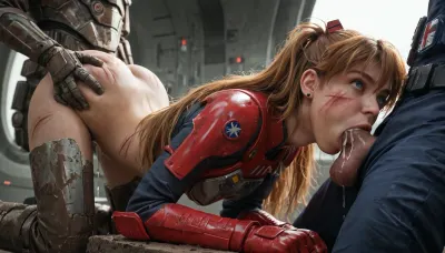 asuka, langley, long red flying hair, Star Trek uniform, futuristic armor plates, (breastplates:1.2), (sexy midriff:1.2), (heavy boots:1.3), dirty face, muddy face, muddy arms and legs, (scratches on face:1.2), surprised expression, highly detailed eyes, blowjob, (cumdrip:1.2), (deepthroat:1.2), (struggling:1.3), thrashing legs, background is industrial ruin of futuristic city, sideview, view from below, (focus on ass:1.2), (focus on face:1.3), crepuscular rays, ambient lighting, volumetric lighting, god rays