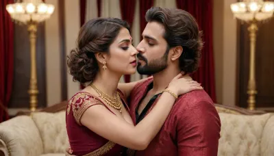 full body view of most beautiful european couple as most beautiful indian couple, most beautiful girl in elegant bold color saree and long curly hairs, hairs tied up with hair style stylishly, necklace, big wide black eyes, full face, makeup, low cut neck, SLEEVLESS, LOW CUT BACK, girl embracing with emotion and possessive feeling, pressing face to chest of man, emotional crying with longing feeling, innocence and ecstasy, hands around man neck, man comforting her, man with stylish beard, perfect SHORT hair cut, formals, photo realistic, 4k.
background, spacious modern elite photo room, with luxury sofa set, cream color carpfull body view of most beautiful european couple as most beautiful indian couple, DEEP CUT NECK AND BACK, MAROON color carpet, elegant interior designs, vintage lamps, romantic reunion ambience, photorealistic, vibrant colors, intricate details, 8k.et, 8k.