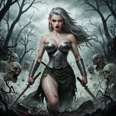 Elf Warrior Girl with long silver hair, voluptuous chest, narrow waist and wide hips, 21 years old, magically fights with a huge mutant monster, battle, war, horror, mysticism, wallpaper, Enigma_Kitsune, <lora:EarthEnigmaKitsune_XL-v1:.8>