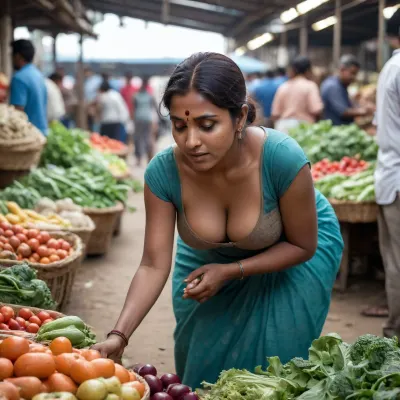 busty 40 year old Indian woman aunty bending down to show very deep cleavage while collecting vegetables in market. Cleavage should not be intentional and show dark brown nipples