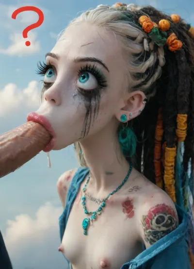 1girl, (big thick lips:1.3), (small thin face:1.5), long multicolored rainbow hair, (dreadlocks:1.2), (pale skin:1.9), (confused:1.3), (dimples), (very long thick eyelashes:1.4), (teal eyes), (skinny:1.6), upper body portrait, collarbones, (oversized sky-blue shirt), (multiple big teal necklace:1.4), (teal earrings:1.4), (fully unbuttoned open shirt:1.3), (hard Erect nipples:1.5), (bare breasts and belly:1.4), (small waist:1.4), (blue rasta hair-ornaments:1.1), (green rasta hair-ornaments:1.1), (orange rasta hair-ornaments:1.1), (bare shoulder:1.4), (white hair:1.4), (beads in hair:1.3), (piercing:1.8), (Tattooed female, body tattoos, inked, rebel:1.2), (cute:1.2), (small chest:1.1), (deep throat blowjob:1.2), sucking head, handjob, (deep blowjob:1.4), massive cock, (oral creampie:1.5), (eyes looking up:1.9), (heavy makeup:1.7), (running mascara:1.5), (ruined makeup:1.7), (side view from above:1.5), (high angle shot:1.4), (big mascara tears:1.7), (head tilted back), (crying tears:1.3), <lora:Microwaist_XL_v01:2>