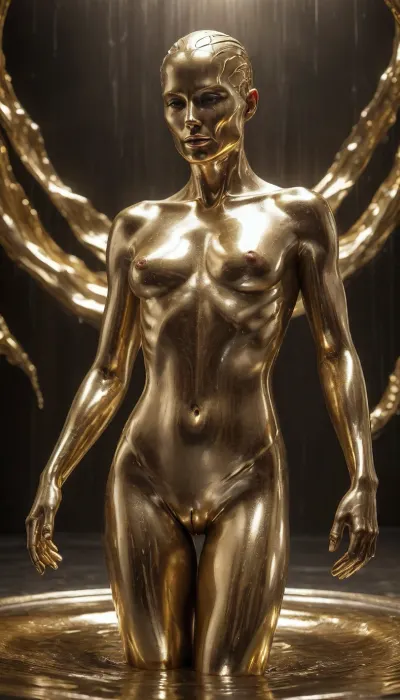 "A human figure partially enveloped in flowing liquid metal, resembling molten gold or mercury. The metallic surface reflects light dynamically, creating a surreal and futuristic aesthetic. The metal seamlessly merges with the skin, forming intricate patterns and organic shapes. Dramatic cinematic lighting, ultra-detailed, hyper-realistic, smooth reflections, futuristic and artistic composition."