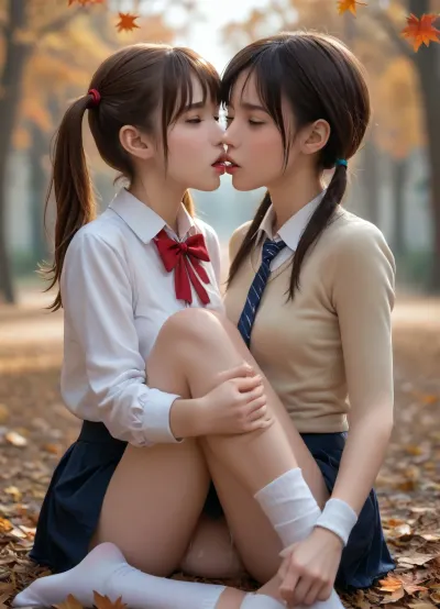 one 25-year-old girl, over-detailed, hyper-realistic, petite cutie, school uniform, knee socks, (purses her lips for a kiss:1.4), looks lovingly at the viewer, gorgeous 25-year-old student, perfect teeth, (pigtails), skinny body, beautiful toes, anal, inverted, big cock, cum, tongue sticking out, (on colorful wet autumn leaves), <lora:EnvyZoomSliderXL01:.8>