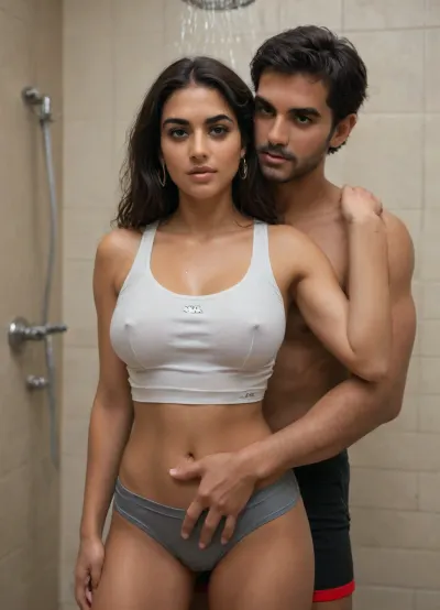 (1 male, 1 female), married, (Indian:1.6), housewife, Riya, and Hispanic fitness instructor, José, showering together at gym after intense training session, off peak gym time.
Riya, 20s, pretty, babe, tight gym outfit, big tits, camel toe, sweating, giggling. Fitness centre, after hours. High quality, ultraHD.