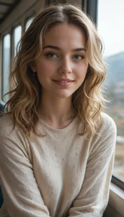 (large format photograph), of a solo, (beautiful, Norwegian:1.4), (woman), in her, (mid-20s), (messy long wavy hair, blonde hair with dark roots), (pale skin with, (subtle freckles:.5)), (strong wide jaw, defined jawline), wearing a comfortable pullover sweater, sitting, (solo), in a, (luxury train), with a view of, (scenic snowy mountain sunset), out the large window dominating the frame background, upper body, shot during the golden hour, soft diffused lighting, (eye level:1.4), (contended smile), highly detailed skin, subsurface scattering, 8k, uhd, ultra high quality, dslr, soft lighting, (shot on Pentax 645Z, Kodak Vision3 IMAX, dreamy haze, (in style of Oleg Oprisco:1.4)), <lora:more_details:.5>, <lora:polyhedron_all_eyes:.25>, <lora:polyhedron_new_skin_v1.1:.1>, <lora:mm_sd15_v2_lora_PanRight:.3>