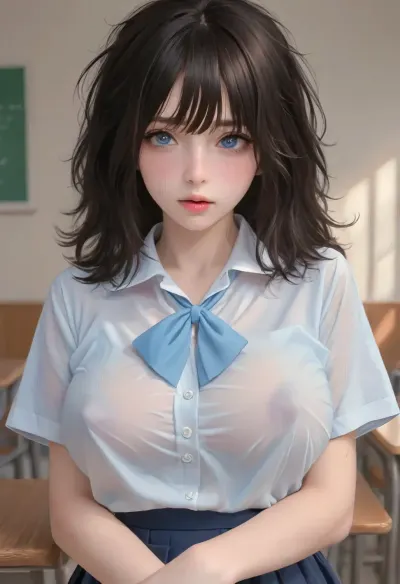 (1girl, black hair, blue eyes, long messy hair), beautiful face, blush, freckles, hands resting on tits, very big breasts, moaning, perfect body, erect nipples, (school uniform), orgazem, masturbating, class room, ratatatat74, <lora:cartoon_stickers_xl_v1:.6>, <lora:ratatatat74-000050:1>, <lora:gotou_hitori_xl:1.2>