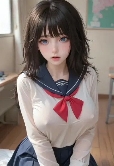 (1girl, black hair, blue eyes, long messy hair, bangs), beautiful face, blush, freckles, hands resting on tits, very big breasts, moaning, perfect body, erect nipples, (school uniform), orgazem, masturbating, class room, full body, wide shot, ratatatat74, <lora:cartoon_stickers_xl_v1:.6>, <lora:ratatatat74-000050:1>, <lora:gotou_hitori_xl:1.2>