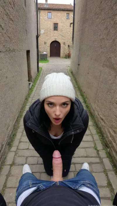 pov image, I show my cock to a girl in her 40s, with black hair, hair gathered on the head, 1.50 m tall, with a black down jacket, skinny jeans trousers with exposed ankles, and white adidas shoes, in an alley of a medieval village, big cock in the image, ultra disgusted face