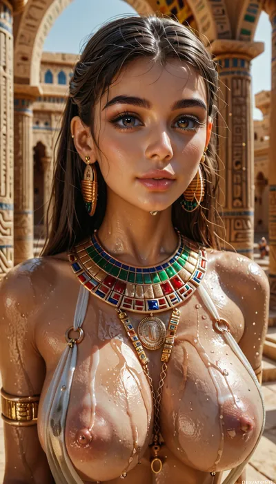 Portrait mode, cute young girl, slender body, beautiful 18 year old woman, very beautiful breasts exposed, beautiful elastic breasts, beautiful big breasts, athletic ass, eye contact, dirty pharaoh outfit, big round tits on display, wet body, gold jewelry hanging from nipple, long hairr