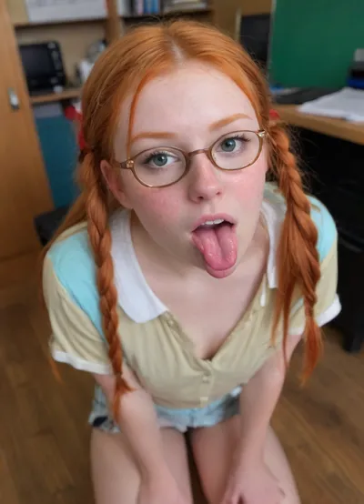 distressed face, upset, (her mouth is open:2), ((big wide mouth:1)), ((can see into her throat:2)), ((her tongue is extended:2)), (long wide soft tongue:2), big teeth, scared, bright hair, (ginger hair:2), chubby cheeks, ((big thick twin tails:2)), sweaty skin, skin spots, (acne:2), (skin blemishes:2), age spot, messy hair, bangs, young face, straight flat bangs, dark brown eyebrows, thick eyebrows, ((thick nerdy glasses)), freckles, extra freckles around nose, in ecstasy, ripped clothes, skinny, big breasts, freckles on chest, freckles on face, coquette girl, climax, orgasm, cute wide wide face, girl, coquettish, crying, oiled skin, sweaty wet skin, pussy stretched, skinny legs, skinny thighs, pussy very wet, best quality, photorealism, masterpiece, ice blue eyes, (school girl in a classroom), pussy lips, some pubic hair, looking away from camera, wet scene, (wet), choker necklace, dog leash, leash around neck, pet collar, dog tag, pink socks, high socks, youthful face, face, topless, laying on wooden table, view from above, being fucked, highpass photo filter, lacey lingerie, lingerie, pretty lingerie, expensive lingerie, school girl, wet floor, torn, fly, down, at, _______, LenaPaul102, <lora:tornclothesv6-8:.5>, <lora:LenaPaul1024-000117:.5>