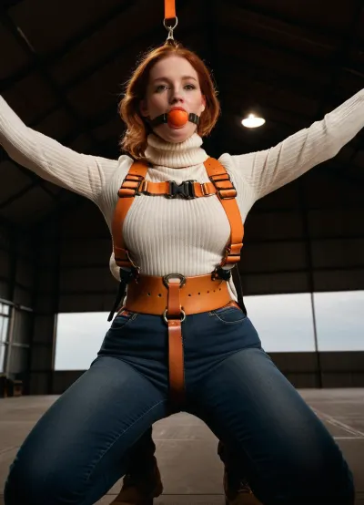 (Heavy parachute harness with very many thick light brown straps), close up body view from the front, slightly chubby redhead with huge tits and a tight ass, wearing a fluffy thick white irish wool turtleneck sweater and tight stonewashed jeans, (wearing a safety parachute harness with many dark orange puffy nylon straps), hanging in her harness from the ceiling of an immense airplanehangar, suspended standing in the parachute harness high above the floor, gloved hands bondage strapped, light brown ball gag, best quality, timberland shoes, perfect lighting, ultra high detail, detail, <lora:gagged-4e:.8>