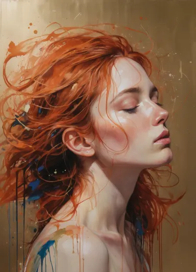 A mesmerizing portrait of a woman by Agnes Cecile, reimagined with luminous design and pastel hues. Copper brush strokes dance across the canvas, ranging from light rose gold to deep bronze and hints of greenish-blue. These strokes create a partial frame, accentuating the woman's features with delicate highlights on hair and facial contours. Sweeping copper strokes in varying opacities add depth and movement to the background, seamlessly blending with existing ink drips. Textured brushes mimic real copper paint, alternating between thin and bold strokes for visual intrigue. The copper elements interact with autumn lights, catching and reflecting luminous highlights. Pastel colors and ink drips harmonize with the metallic accents, creating a multi-layered, tactile experience. The final piece balances luminous qualities with copper elegance, resulting in a breathtaking fusion of traditional and contemporary artistic techniques., (style of Agnes Cecile, painting, brush strokes, canvas:1.6)