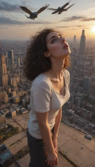 (flying city, city in the sky, floating island city, futuristic city), (beautiful woman standing on the ground looking up at a fantastic flying city in the far distance:1.4), (masterpiece, extremely intricate and detailed, photo realistic:1.3), (HDR lighting, sharp focus, dramatic, award winning, cinematic lighting)