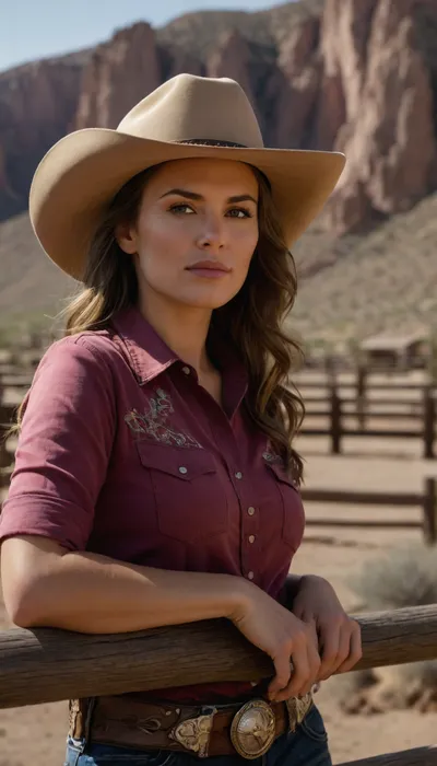 RAW, award-winning large format photography of mid 30's cowgirl, portrait, wearing a cowboy hat, detailed gorgeous face, towering rock cliffs, desert landscape, old weathered wooden ranch fence corral, UHD, 8k, masterpiece, sharp focus, studio photo, insanely detailed and intricate