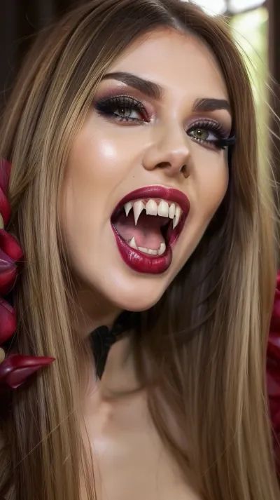 Realistic Beautiful romanian woman, ((big vampire fangs)), vampire, wearing whore vampire queen costume, autumn hair, sexy vampire eyes, seductive look, facing viewer, close up, mouth opèn showing sexy big vampire teeth, ((blood dripping from teeth and mouth)), orgasm face, perfect face, perfect mouth, beautiful, stunning, elegant, slutty., fangs, edgLit_woman, edgLit_face, edgLit_body, pale, skin, <lora:fangs:.6>, <lora:edgLithuanianDollLikeness:1.4>