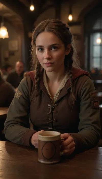 beauty, masterpiece, very detailed face, (perfect lighting:1.4), highest quality, high detail, high resolution, 4K, 1 girl, warrior, adventurer, ((adventurer's clothes:1.2)), mug of ale in hand, sitting at a table, tavern, public place, <lora:more_details:.5>