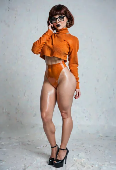 Photo of a ultra realistic of velma from scooby-doo, very sultry look, slutty clothes, revealing clothes, decolletage, hot girl, beautiful charismatic girl, showing piercing, athletic body, a youthful woman wearing eye glasses and an orange top, gorgeous figure, full body shot, goth style mood, dark eye makeup, in the style of jessica drossin, life-size figures, 4k, hyper realistic, focused, extreme details, unreal engine 5, cinematic, masterpiece, intricate