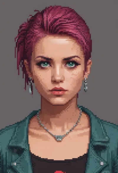 Minimalistic pixelart of a beautiful punk woman, <lora:pixel-art-xl-v1.1:.9>