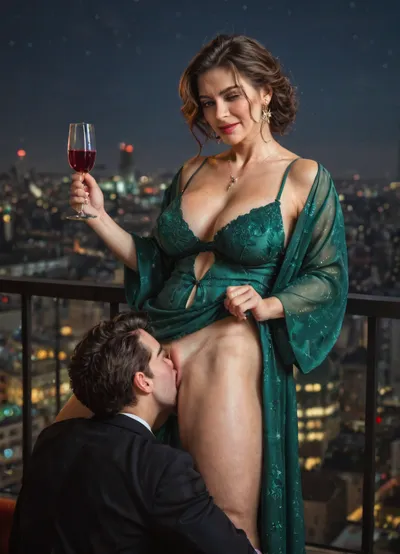 (masterpiece, best quality), (Twilight Photography:1.4), (Italian woman, milf, Sofia:1.1), (emerald green glossy silk chemise, glossy silk night robe), holding glass of wine, (cunnilingus, standing cunnilingus:1.2), aroused, (cinematic lighting), spacious balcony, glass railings, city skyline view, penthouse, (night:1.4), captured with a Leica M10, Leica Summilux 50mm f/1.4 lens, sharp focus, best shadow, 8K, UHD, clear image, extremely sharp, extremely detailed, extremely intricate detail, high res, ultra-high-definition, highly detailed, ultra-sharp textures, finely detailed, perfect skin texture, hyperrealistic lighting, professional photography, full dynamic range, deep contrast, high clarity, realistic depth of field, HDR, perfect exposure, smooth gradients, natural reflections, ultra-fine details, realistic skin pores, individual hair strands, soft shadows, color-graded