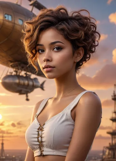 woman, Steampunk, 18 year old, mulatto, best quality, ultra-detailed, masterpiece, finely detail, high res, 8k wallpaper, cute tall tall face, tanned skin, pixie cut hair, messy hair, naked pussy, vintage airships and plane on background, sunset sky and golden clouds background, <lora:BeautyNwsjMajic2-01:.5>, jg-jc0n, V4nn4Bard0t-2760, <lora:flat_chest_v2:.5>, <lora:ahx_v1:.5>, <lora:Natasha Nice:.5>, <lora:Sophie Dee:.5>