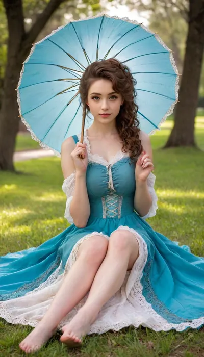 victorian style, young 20 year old woman, in her victorian dress, sitting in park, The most beautiful body, open legs, ((full body)), ((holding a lace parasol umbrella in hand)), (perfect iris eyes), (symmetrical eyes), curly hair, smirk, identical eyes, iris eyes, perfect eyes, green, eyes, blue, brown, perfecteyes, <lora:PerfectEyesXL:.5>, <lora:milkers_v2:.5>, hand, <lora:detailed_hands-000002:1>