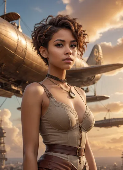 woman, Steampunk, 18 year old, mulatto, best quality, ultra-detailed, masterpiece, finely detail, high res, 8k wallpaper, cute tall tall face, tanned skin, pixie cut hair, messy hair, naked pussy, vintage airships and plane on background, sunset sky and golden clouds background, <lora:BeautyNwsjMajic2-01:.5>, jg-jc0n, V4nn4Bard0t-2760, <lora:flat_chest_v2:.5>, <lora:ahx_v1:.5>, <lora:Natasha Nice:.5>, <lora:Sophie Dee:.5>