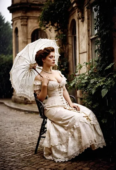 woman, Rococo somenaked dress, ((Vintage Victorian dress)), perfect secy Italian aristocrat model, (busty perfect breast), sit under a lace parasol with legs wide apart, full body! the! most! beautiful!, intricate dress, 18 century city street rain background, darkness atmosphere, victorianstyle, 1880s, gothic revival style, RAW photo, analogue style, vintage photography, depth of field, photography by Natalia Drepina, <lora:victoriansxl_v1:.6>