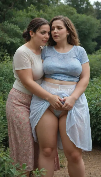 woman, (Two), Two modest and cautious women, fat, obese overweight, assed, old women lift up their skirts, In the thick bushes, soft erotic scene, show must, lesbian love, pleasure, orgasm faces, soakingwetclothes, <lora:soakingwetclothesXL:.6>