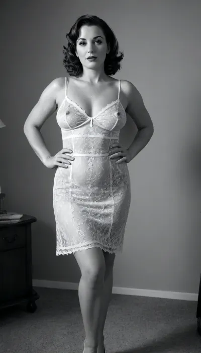 Photorealistic, blackandwhite, hollywood goddess, 40s style, milf, 40 years old, curvy body, (normal slightly saggy tits with erect nipples), wearing only a very short semi-transparent lace nightgown, full length body, smoking a cigarette, cool and classy attitute, pin up, set card, moviestar, detailed, soft focus, 8k, q2, j01nt, braless, Wearing, clothes, that, make, sense, with, Braless>, <lora:450934_training_data:.5>, <lora:bralessSDXL_v1_00022:.5>
