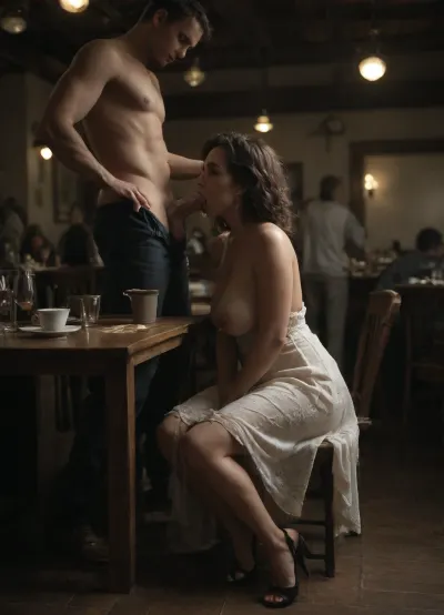 Masterpiece, best quality, extreme detail, very mature topless milf, summer dress, one breast hanging out, sitting at a table in a restaurant on an open terrace, party, crowded public place, drinking coffee, a man with a thick dick stands next to a milf, the milf leaned over to the man and started giving him a blowjob at the table, deep throat blowjob, full body view, (cum:1.4), <lora:dark:.5>