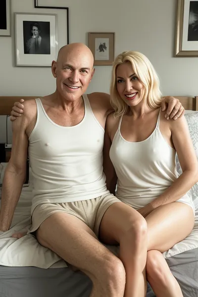 The image shows an elderly man and a young nudewoman sitting on a bed. The nude man is sitting on the left side of the bed with his legs spread apart and his arms around the woman's waist. He is bald and appears to be in his late 60s or early 70s. The woman is sitting next to him with her arms around his neck and is smiling at the camera. She is wearing a white tank top and has blonde hair. The bed has a beige comforter and there is a lamp on the right side. In the background, there is an old radio and a framed picture hanging on the wall. The overall mood of the image is happy and relaxed.