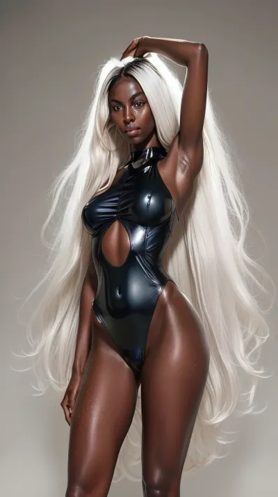 front view, black ebony skinny girl model standing, one leg straight, the other leg is moved to the side, bent at the knee, the thigh is tilted to the left side, on her feet are high heels and a platform, bright light falls on a girl, she smiles, girl black coal, athletic thighs, round ass, athletic legs, ebony, negress, naked, dark skin, ebony african woman, very black shade of female body, very tanned skin tone, wet face, shiny face, glossy face, marble tits, totally oily girl face covered in oil, legs generously oiled, face shiny with oil, wet whole body, wet skin, wet skin of the body shines in the light, big hips, wide pelvis, wide hips, thick wide hips, glossy skin tone, the whole body sparkles, the body reflects light, the body is like a mirror, ((masterpiece, clear image, photorealistic, high res, (very Black dark Skin:1.5), (African top model), full body in frame, perfect illumination, bright lighting, realistic fingers of hands, fingers of hands drawn, detailed fingers on hands, fingers on hands, white room in the background, (best shadow), 8k, (masterpiece, best quality, high-res, high resolution:1), (extremely detailed, ultra realistic), best quality, focus on heels arms legs face, ultra-detailed, finely detail)), American porn star, seductive look, slutty look, detailed legs, pumped up legs, pronounced calf muscles on the legs, (((massive HHH cup Breasts))), (((long white hair, blue eyes, detailed blue eyes, one arm up, showing armpit))), big ass, perfect ass, shapely legs, long pumped up legs, legs are oiled, arms are oiled, armpits are oiled, ass is oiled, boobs are oiled, belly is oiled, face is oiled, The girl has big plump lips on her face that shine and reflect the light, Perfect, Hands, glide_fashion, dark, skin, witch_style, <lora:witch_style-10:.2>