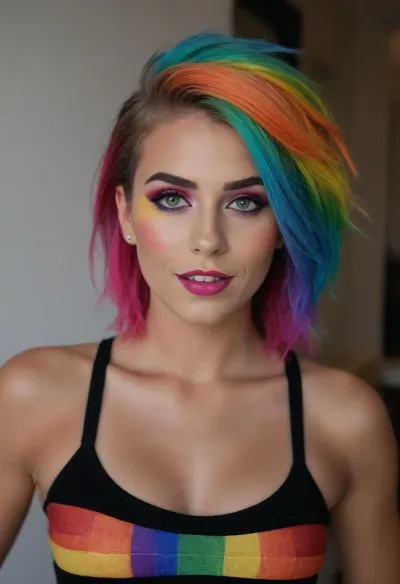 (crazy ex-girlfriend, feisty, fierce, mischievous, playful, spunky, bad influence, naughty, trouble maker, rebellious, passionate:1.6), (stunning body, playful attitude, mischievous expression, mischievous smirk:1.2), (fit body, soft breasts:1.4), (lgbt girl, rainbow makeup, pride makeup:1.8), (snapshot aesthetic, candid snapshot:1.6), (expressive eyes, large eyes, mischievous eyes, captivating eyes:1.2), (rainbow hair, pastel hair cut in stylish textured layers, voluminous stylish hair, punk hair:1.4), (natural lighting, naturally lit, ambient lighting:1), (soft shadows on her face:.9), taken with a smartphone camera, snapshot style, point-and-shoot, shallow depth of field, (natural phone bokeh, lens flare:1.1), slightly off-center composition, natural framing, medium shot, soft focus on background, ziprealism