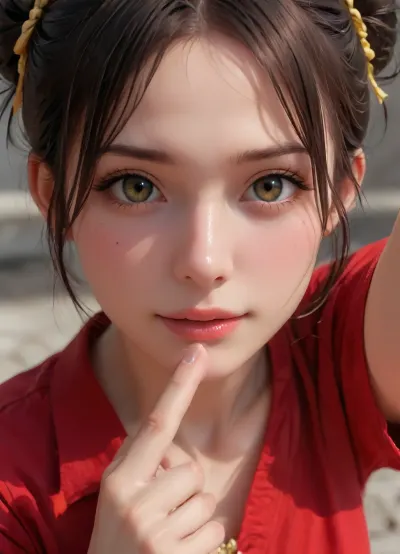 half body, 3/4 view portrait of a girl with two bun hair, yellow ribbon, black hair, side view, tiny boobs, red tunic with gold lining, facing side, cloudy, 4ng3l, face, ultra high angle shot, looking at viewer, laughing, thick fat legs, athletic muscular body, heroic pose, <lora:SDXL_BetterFaces-LoRA_v1:.5>, holding a red paper in front of her, selfie with one hand, outside, art, by, mooncryptowow, <lora:WowifierXL-V2:.5>