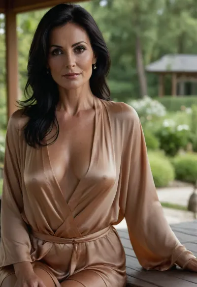 55 year old milf sitting in a large garden pavilion, sitting at a table, eye contact, (slightly open silk robe, sideboob, downblouse, tanned skin, black hair)
