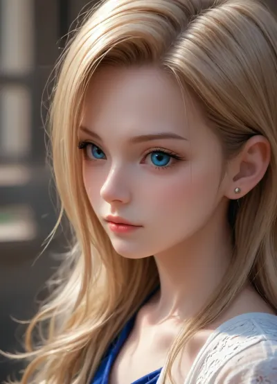 Android 18 from Dragon Ball, view from side, cute, wavy long Hair, flat, chested, <lora:flat_chested_v3.5:.5>