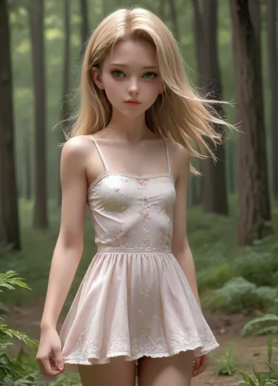Android 18, view from side, cute, wavy long Hair, in forest, floral short mini dress, flat, chested, <lora:flat_chested_v3.5:.5>, godpussy, <lora:SDXL_GodPussy_v1:.5>