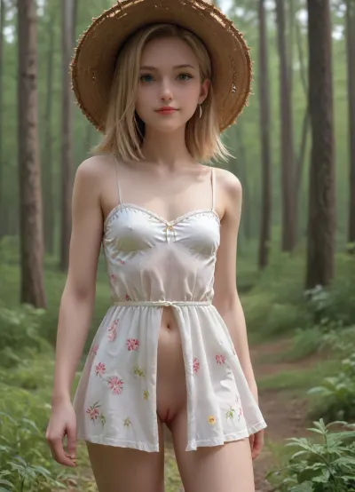 Android 18, wavy long Hair, smiling face, straw hat, in forest, floral short mini dress, flat, chested, <lora:flat_chested_v3.5:.5>, godpussy, <lora:SDXL_GodPussy_v1:.5>