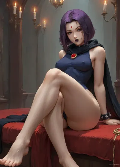 (masterpiece, best quality, ultra-detailed), RavenTT, red forehead jewel, (cutesexyrobutts art style:1.21), (rieq art style:1.3), (sleeveless:1.2), grey skin, laying proneonn her stomach, seductive look, partially closed eyes, arms crossed, (legs spread:1.3), (dynamic pose:1.2), tight navy blue leotard, spiked choker, high waist, photo of raven from titans, (ambient light), warm light, warm color scheme, dynamic lighting, gothic aesthetic, dark room, candlelight, purple hair, purple irises, big lips, black lipstick, (big lips:1.1), (covered nipples:1.2), erect nipples, (flat woman chest:.65), (slanted eyes), (wide hips:1.4), (thick thighs:1.35), (huge ass:1.3), (arched back:1.2), (visible labia majora), erect cameltoe, style, wears a thin bodysuit, black eye shadow, black eye liner, (thin waist:1.3), big eyes, cloak, soles of feet visible, spiked wrist cuffs ----

photo of raven from titans, sucking a cock, cold light, (big penis:1.2), detailed penis, penis tip, <lora:WTS - WhatTheSuck - v1:.5>, raven, <lora:Raven_XL:.5>