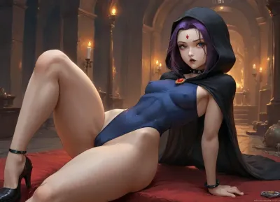(masterpiece, best quality, ultra-detailed), RavenTT, red forehead jewel, (cutesexyrobutts art style:1.21), (rieq art style:1.3), (sleeveless:1.2), grey skin, laying proneonn her stomach, seductive look, partially closed eyes, arms crossed, (legs spread:1.3), (dynamic pose:1.2), tight navy blue leotard, spiked choker, high waist, photo of raven from titans, (ambient light), warm light, warm color scheme, dynamic lighting, gothic aesthetic, dark room, candlelight, purple hair, purple irises, big lips, black lipstick, (big lips:1.1), (covered nipples:1.2), erect nipples, (flat woman chest:.85), (slanted eyes), (wide hips:1.4), (thick thighs:1.35), (huge ass:1.1), (arched back:1.2), (ass in the air:1.1), partially visible labia majora, (visible labia majora), erect cameltoe, style, wears a thin bodysuit, (thigh gap:1.1), black eye shadow, black eye liner, (thin waist:1.3), (huge eyes:1.2), hooded cloak, hood down