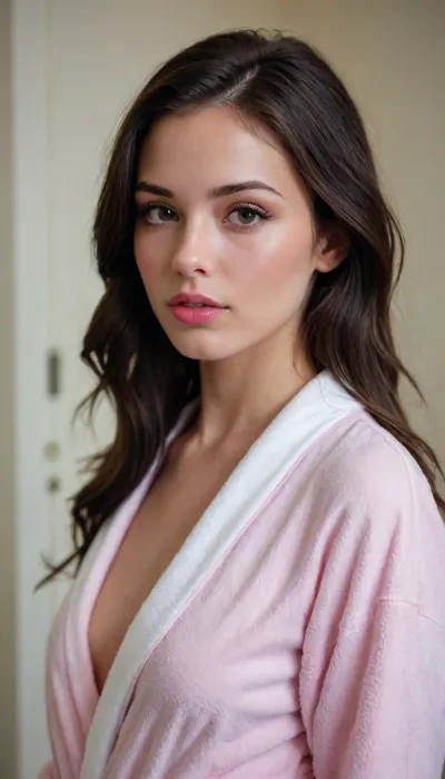 (side view, turning to viewer), sexy, dark hair, small face, (young girl), (skinny), 18 years old, model, makeup, (pink lip gloss), cute, attractive, petite, snub nose, in a soft, erotic white bathrobe, (looks at viewer), (pouting)