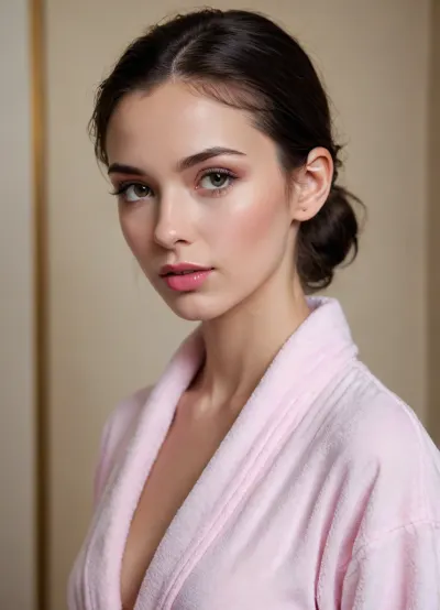 (side view, turning to viewer:1.2), 18 years old, sexy, short dark hair, tied back, small face, innocent, (young girl), (skinny), model, makeup, (pink lip gloss), cute, attractive, petite, snub nose, in a soft, white bathrobe, (looks at viewer), (pouting)