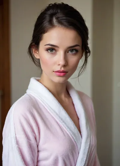 (side view, turning to viewer:1.2), 18 years old, sexy, short dark hair, tied back, small face, innocent, (young girl), (skinny), model, makeup, (pink lip gloss), cute, attractive, petite, snub nose, in a soft, white bathrobe, (looks at viewer), (pouting)